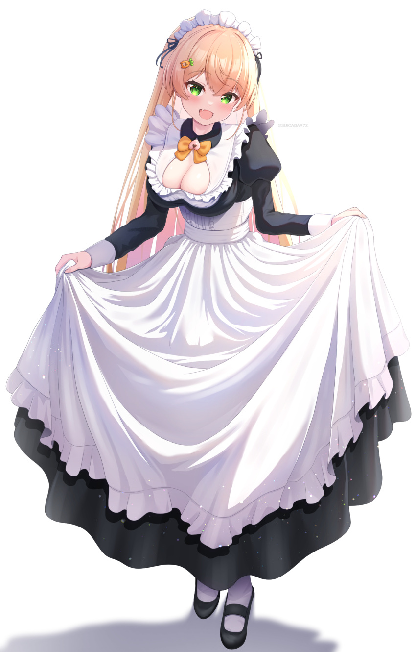 1girl alternate_costume apron black_footwear blonde_hair blush breasts character_hair_ornament cleavage cleavage_cutout clothing_cutout enmaided fang green_eyes hair_ornament highres hololive large_breasts looking_at_viewer maid maid_apron maid_headdress mary_janes momosuzu_nene nekko_(momosuzu_nene) open_mouth shoes skin_fang smile suicabar72 virtual_youtuber white_apron white_background