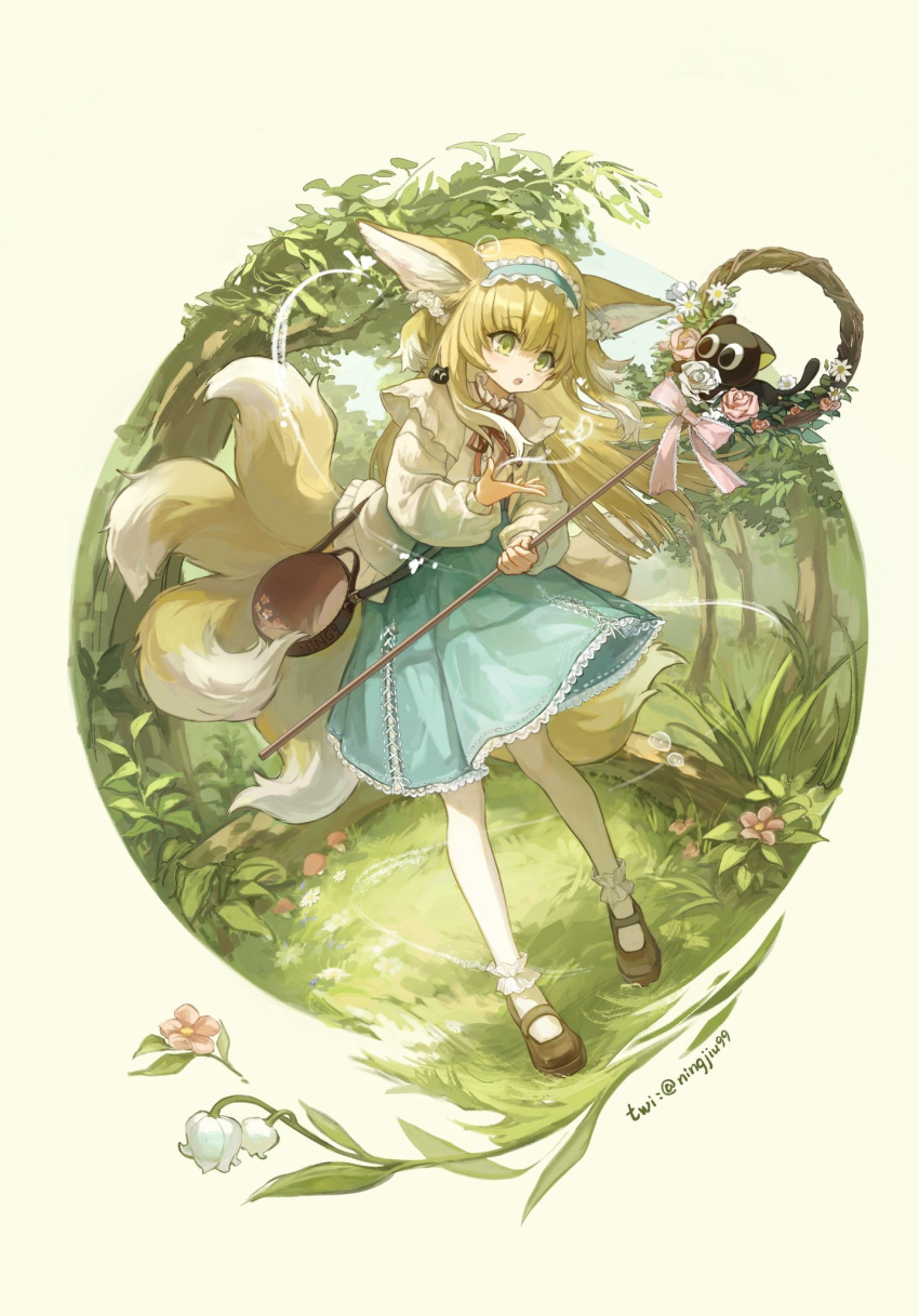 1girl animal_ear_fluff animal_ears ankle_socks arknights artist_name bag black_cat blonde_hair blue_hairband blue_skirt bobby_socks bow brown_bag brown_footwear cardigan cat chamomile crossover flower fox_ears fox_girl fox_tail frilled_hairband frills full_body green_eyes hair_ornament hair_scrunchie hairband handbag heixiu high-waist_skirt highres holding holding_staff kitsune kyuubi lily_of_the_valley long_hair long_sleeves luoxiaohei mary_janes multicolored_hair multiple_tails nature neck_ribbon ningjiu_9 official_alternate_costume on_shoulder open_cardigan open_clothes pink_bow pink_flower pink_rose puffy_long_sleeves puffy_sleeves red_ribbon ribbon rose scrunchie shirt shoes shoulder_bag skirt sleeve_cuffs socks solo staff stitches suzuran_(arknights) suzuran_(spring_praise)_(arknights) tail the_legend_of_luo_xiaohei twitter_username two-tone_hair white_cardigan white_flower white_hair white_rose white_shirt white_socks
