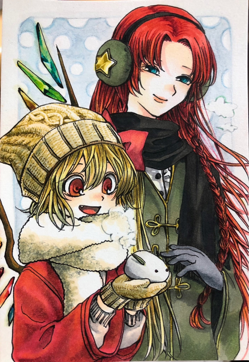 2girls :d alternate_costume beanie black_scarf blonde_hair blue_eyes bow braid breath coat earmuffs fang flandre_scarlet gloves green_coat grey_gloves hair_between_eyes hair_bow hair_intakes hat highres holding hong_meiling konnyakutarooou long_hair long_sleeves mittens multiple_girls open_mouth red_bow red_coat red_eyes red_hair scarf smile snow_rabbit star_(symbol) touhou traditional_media very_long_hair white_scarf wings winter_clothes yellow_headwear yellow_mittens