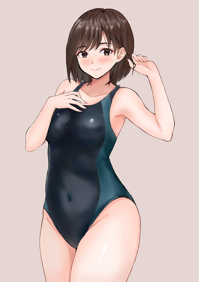 1girl black_one-piece_swimsuit blush bob_cut breasts brown_eyes brown_hair competition_swimsuit covered_navel highres medium_breasts nobita_(nbnobita) one-piece_swimsuit original playing_with_hair simple_background smile solo standing swimsuit