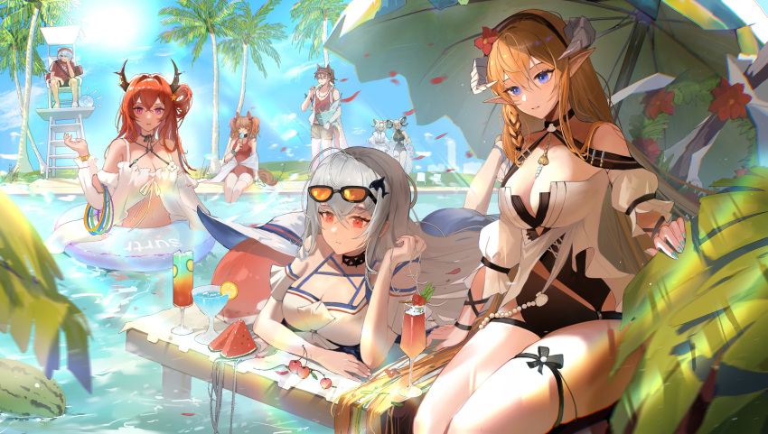 2boys 5girls absurdres angelina_(arknights) angelina_(summer_flower)_(arknights) animal_ears arknights bare_shoulders beach_chair beach_umbrella bear_ears beeswax_(arknights) beeswax_(holiday)_(arknights) bikini black_choker black_dress black_eyes black_hairband black_ribbon blonde_hair blue_eyes blue_nails blue_shorts blurry blurry_background box breasts brown_hair burnt_clothes carnelian_(arknights) carnelian_(shimmering_dew)_(arknights) casual_one-piece_swimsuit cherry choker cleavage closed_eyes closed_mouth clothing_cutout cloud cloudy_sky cocktail_glass collarbone criss-cross_halter cup dark_skin demon_girl demon_horns detached_sleeves dragon_girl dragon_horns dress drinking_glass eating eyewear_on_head fingernails fish flagpole flower food fox_ears fruit goat_girl goat_horns grey_hair hair_rings hairband halterneck hammock hand_in_own_hair hat highres holding holding_box holding_own_hair hoop horns ice_cream in_water inflatable_orca inflatable_toy jaye_(arknights) jaye_(beach_guard)_(arknights) jewelry leaf lemon lemon_slice lifebuoy lifeguard lifeguard_chair long_hair long_sleeves looking_at_viewer low-tied_long_hair lying medium_breasts multiple_boys multiple_bracelets multiple_girls navel navel_cutout necklace no_headwear off-shoulder_shirt off_shoulder official_alternate_costume on_stomach one-piece_swimsuit orange-tinted_eyewear orca_hair_ornament outdoors palm_leaf palm_tree phonograph pointy_ears purple_eyes red_dress red_eyes red_flower red_hair red_hairband red_one-piece_swimsuit red_shirt ribbon saileach_(arknights) saileach_(summer_flowers)_(arknights) shirt short_shorts short_sleeves shorts side-tie_bikini_bottom simple_background sitting skadi_(arknights) skadi_(waverider)_(arknights) sky stainless_(arknights) stainless_(beach_guard)_(arknights) standing star_(symbol) strawberry stuffed_orca sun_hat sunglasses sunlight surtr_(arknights) surtr_(colorful_wonderland)_(arknights) swimsuit thigh_strap thighhighs thighs tinted_eyewear tree twintails ufoliving umbrella very_long_hair visor_cap water watermelon watermelon_slice white_dress white_hair white_headwear white_thighhighs