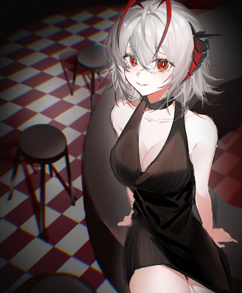 1girl absurdres alternate_costume antenna_hair arknights arm_support bad_id bad_lofter_id bar_(place) bar_stool black_dress blush breasts bright_pupils checkered_floor cleavage cowboy_shot demon_horns dress grey_hair hair_between_eyes highres horns large_breasts looking_at_viewer multicolored_hair parted_lips red_eyes red_hair shinjiku sitting sketch sleeveless sleeveless_dress smile solo stool streaked_hair w_(arknights) white_pupils