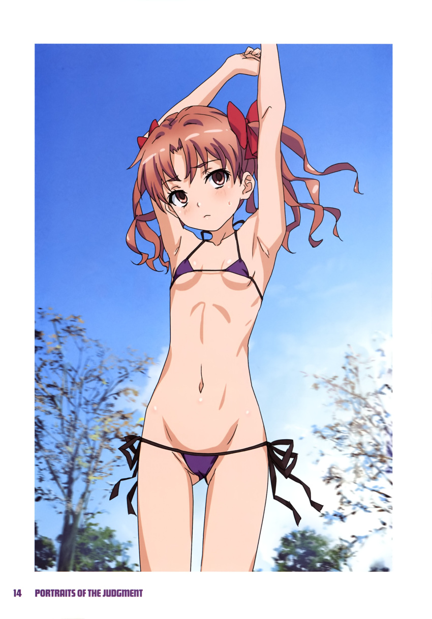 1girl absurdres armpits arms_up bikini blush breasts brown_eyes brown_hair cameltoe closed_mouth fujikawa_daichi hair_ribbon highres long_hair navel non-web_source outdoors purple_bikini ribbon shirai_kuroko small_breasts solo swimsuit thong_bikini toaru_kagaku_no_railgun toaru_majutsu_no_index twintails