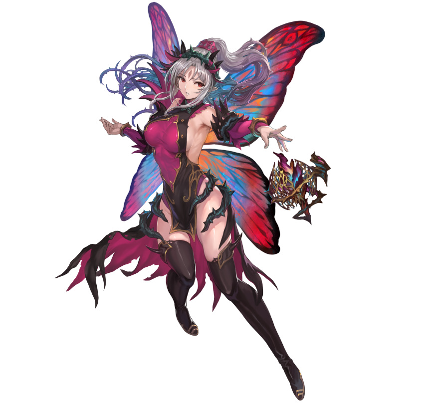 1girl absurdres armpits bare_shoulders boots breasts commentary_request dress fairy_wings fire_emblem fire_emblem_heroes floating floating_object gradient_hair grey_hair hair_ornament highres large_breasts leg_up long_hair multicolored_hair official_art parted_lips pelvic_curtain plumeria_(fire_emblem) pointy_ears ponytail red_eyes shiny_clothes shiny_skin simple_background sleeveless solo thigh_boots thighhighs thorns white_background wings yoshiku_(oden-usagi)