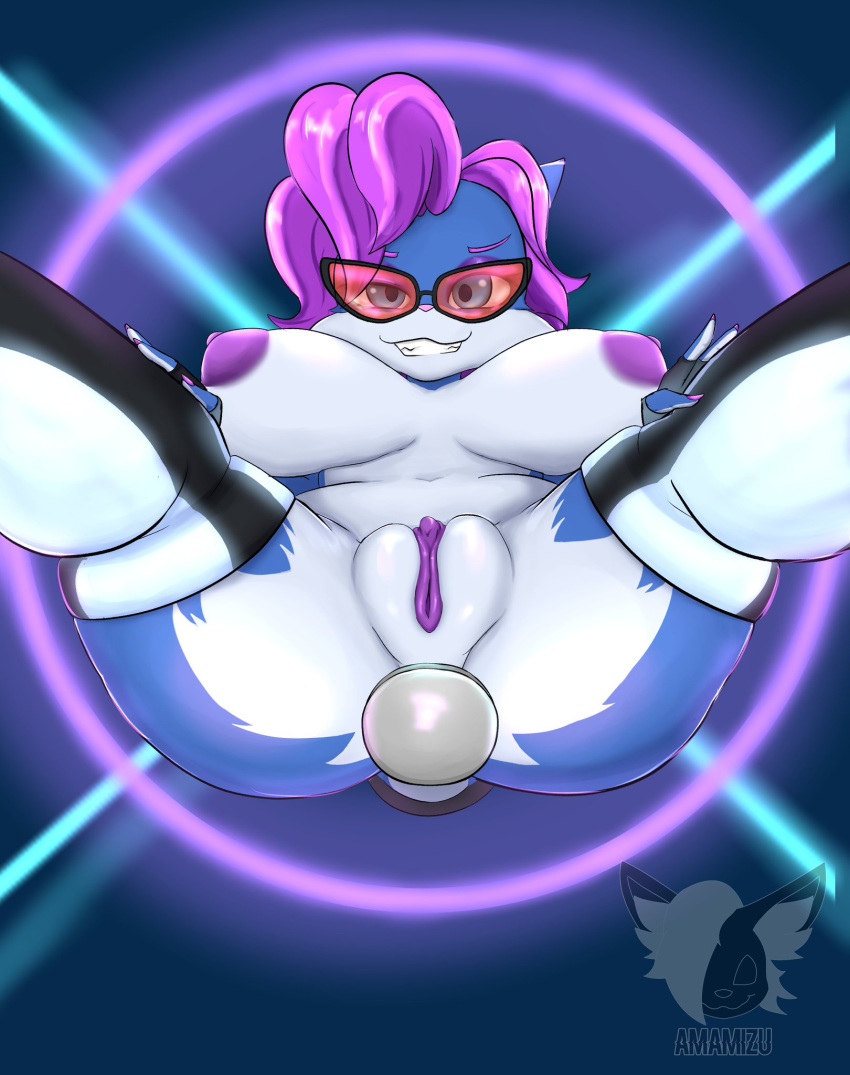 amamizu_sl anthro big_breasts blue_eyes breasts buttplug clothing eyewear female fur genitals hair hands_on_knees hands_on_legs hi_res legwear low-angle_view multicolored_body multicolored_fur nipples paladins pepper_(paladins) plug_(sex_toy) purple_hair purple_nipples purple_pussy pussy sex_toy solo sunglasses thigh_highs worm's-eye_view