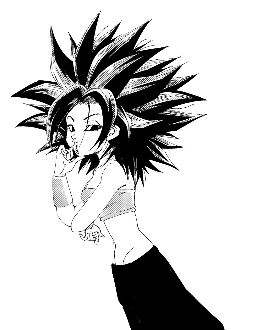 1girl breasts caulifla dragon_ball dragon_ball_super fenyon greyscale hand_on_own_chin highres looking_at_viewer midriff monochrome pants simple_background solo spiked_hair standing strapless tube_top white_background