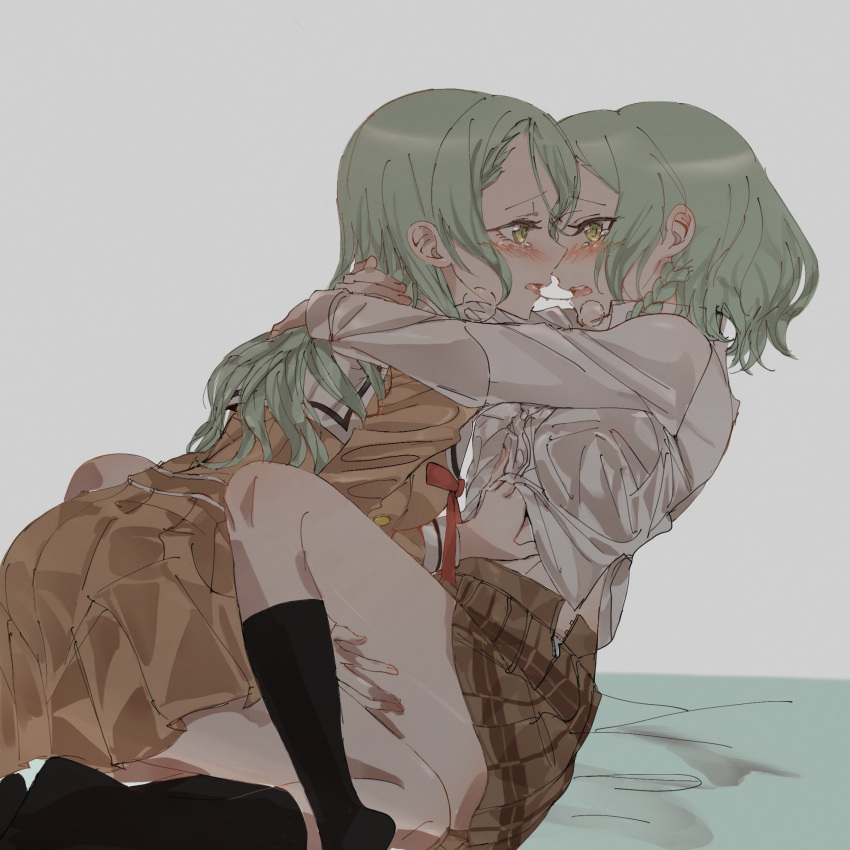 2girls after_kiss arms_around_neck bang_dream! bed_sheet black_socks blush braid brown_dress brown_skirt commentary_request dress green_eyes green_hair hand_on_another's_thigh hand_under_clothes hand_under_shirt highres hikawa_hina hikawa_sayo imminent_kiss incest junjun_(kimi-la) kneehighs long_hair looking_at_another medium_hair multiple_girls open_mouth plaid plaid_skirt saliva saliva_trail school_uniform shirt siblings sisters skirt socks thighs tongue tongue_out twin_braids twincest twins white_background white_shirt yuri