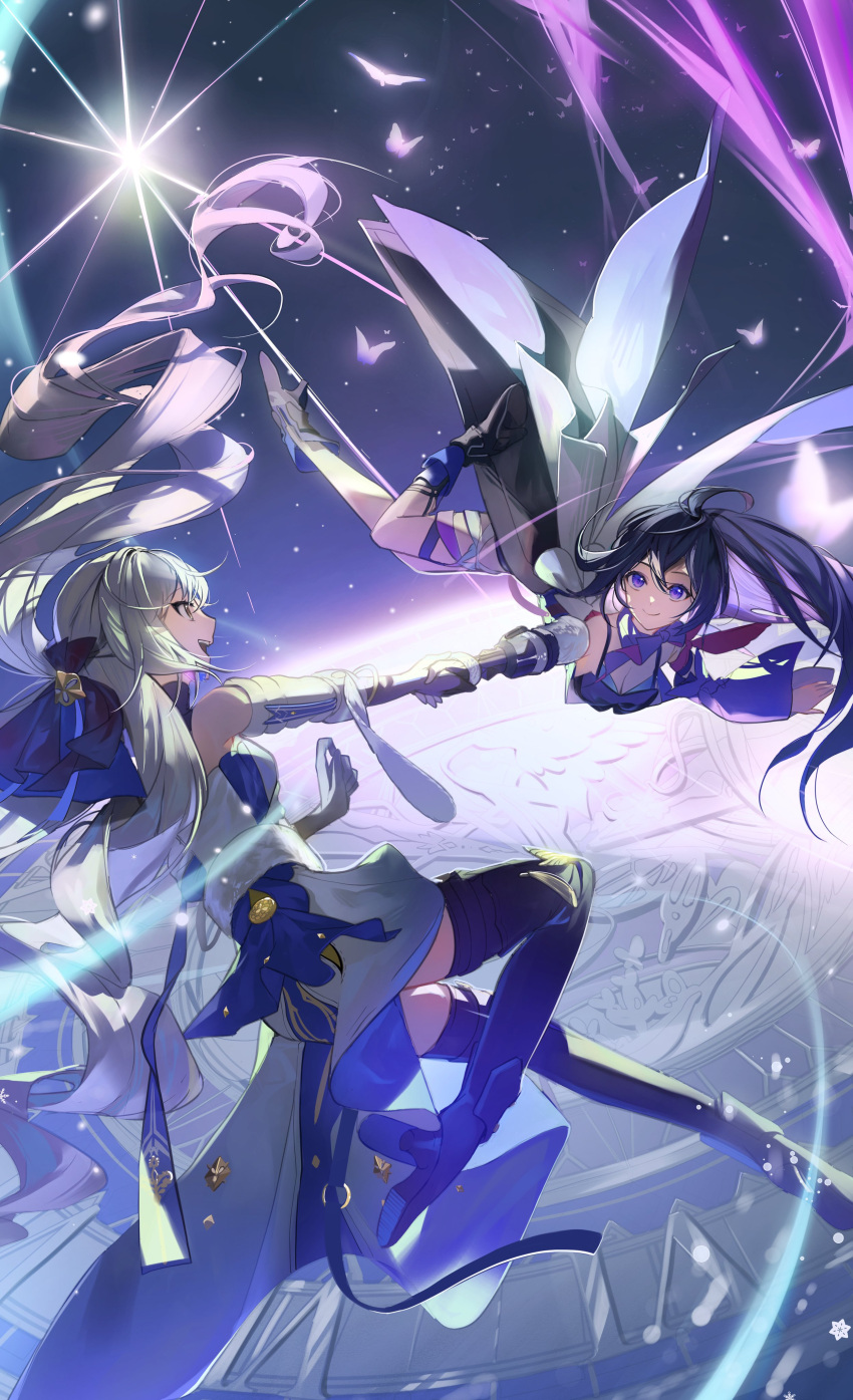 2girls absurdres ahoge arm_scarf bandana_around_arm blue_hair blue_scarf boots breasts bronya_rand bug butterfly cleavage dress drill_hair earrings grey_eyes grey_hair hair_ornament hair_ribbon high_heels highres honkai:_star_rail honkai_(series) jewelry kamatoyu long_hair medium_breasts multiple_girls open_mouth purple_butterfly red_butterfly ribbon scarf seele_(honkai:_star_rail) silver_collar smile thigh_boots two-tone_eyes white_dress