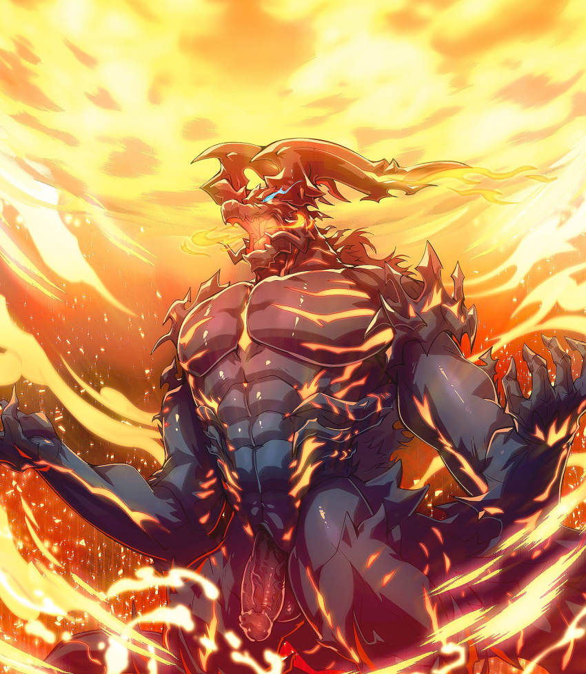 abs anthro balls biceps black_body claws demon digital_media_(artwork) elemental_creature elemental_manipulation erection final_fantasy final_fantasy_xvi fire fire_creature fire_manipulation flame_markings genitals glowing glowing_eyes hi_res horn ifrit_(final_fantasy) kumammoto_(artist) lava lava_creature male markings mineral_fauna muscular muscular_anthro muscular_male muscular_thighs nude open_mouth pecs penis pupils scalie serratus slit slit_pupils solo spikes square_enix tail tongue triceps vein veiny_penis