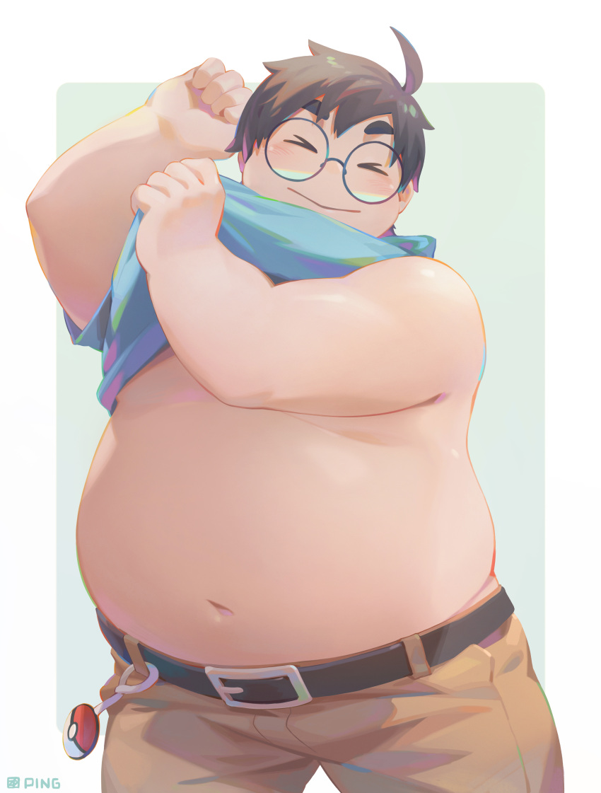 &gt;_&lt; 1boy :v absurdres ahoge bara belly cowboy_shot facing_viewer fat fat_man glasses grey_hair highres male_focus mature_male navel neroli_(pokemon) pokemon pokemon_(game) pokemon_sleep round_eyewear seamonsterping short_hair smile solo stomach thick_eyebrows undressing