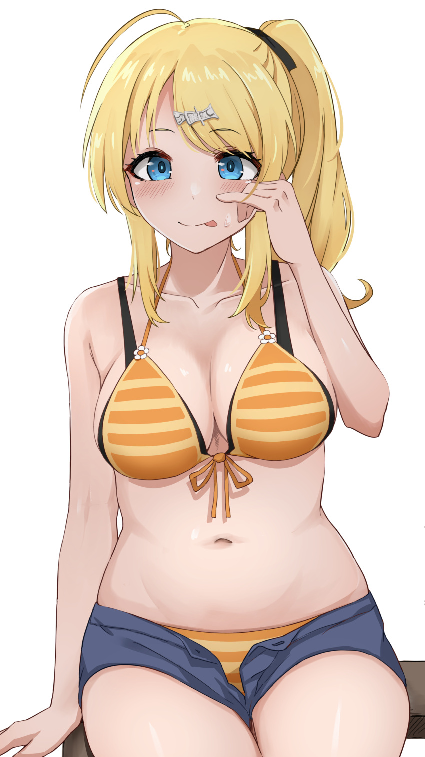 1girl absurdres ahoge alternate_hairstyle arm_support bare_shoulders bikini bikini_under_shorts black_ribbon blonde_hair blue_eyes blue_shorts blush bow breasts cleavage closed_mouth collarbone dot_nose emu_1316 front-tie_bikini_top front-tie_top hachimiya_meguru hair_bow hair_ornament hair_ribbon hairclip hand_on_own_face hand_up highres idolmaster idolmaster_shiny_colors large_breasts long_hair looking_at_viewer navel orange_bikini ribbon short_shorts shorts side_ponytail simple_background sitting smile solo striped striped_bikini sweatdrop swimsuit tongue tongue_out upper_body white_background