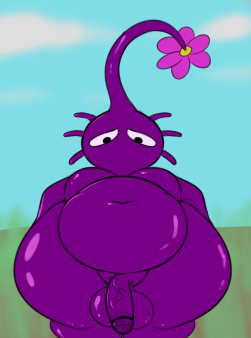 absurd_res alien anthro balls belly butt chubby_anthro chubby_male digital_media_(artwork) elemental_creature erection flora_fauna flower gaze_(artist) genitals hi_res humanoid looking_at_viewer male mammal navel nintendo not_furry nude overweight penis pikmin pikmin_(species) plant purple_pikmin simple_background slightly_chubby solo thick_thighs wide_hips