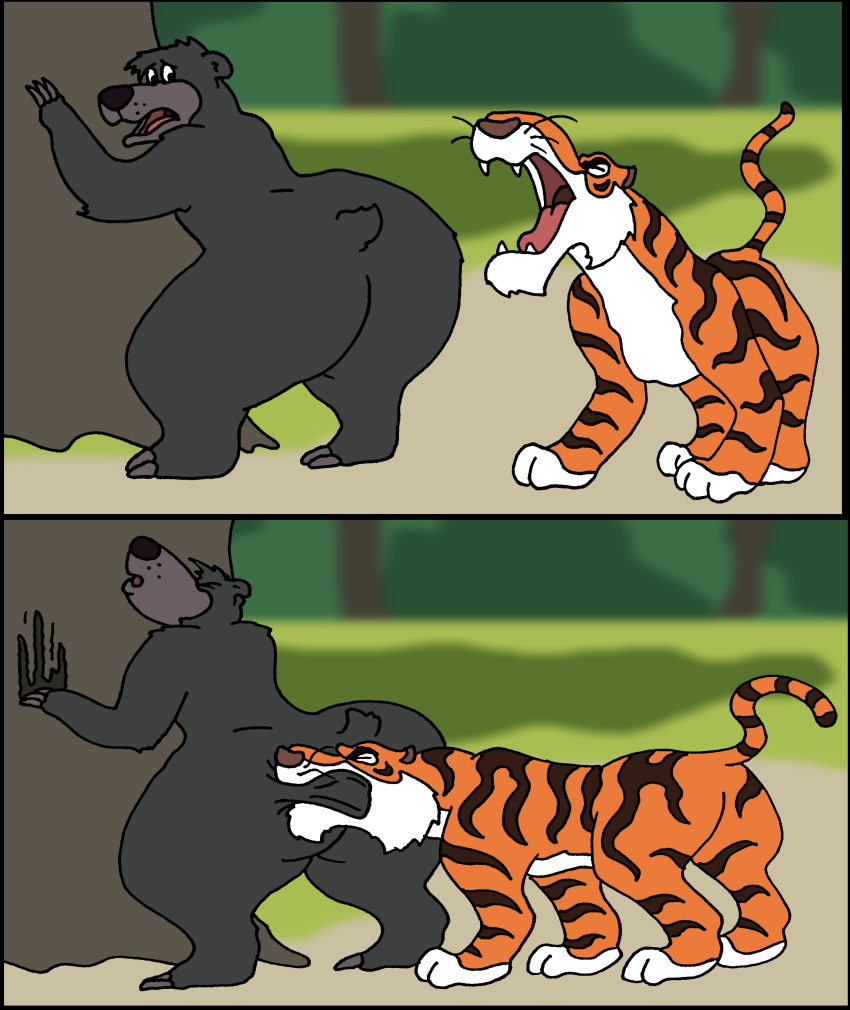 absurd_res anthro baloo bear bengal_tiger big_butt butt butt_biting butthurt detailed_background digital_media_(artwork) disney duo felid feral hi_res invalid_tag male male/male mammal open_mouth pain pantherine pariahexilewrath shere_khan sloth_bear tail the_jungle_book tiger ursine