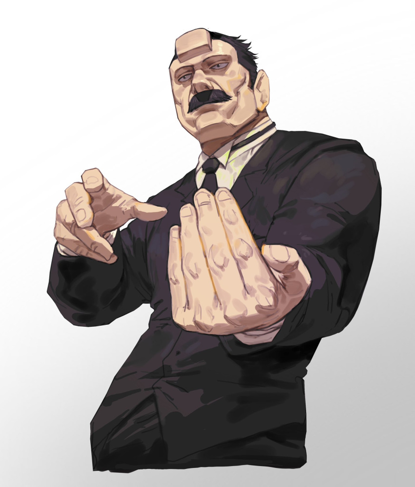 1boy black_eyes black_hair black_necktie facial_hair formal golden_kamuy hieumay highres long_sleeves male_focus mustache necktie sideburns simple_background solo suit ushiyama_tatsuma white_background