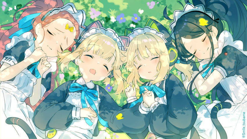 4girls absurdres ahoge animal_ear_headphones animal_ears apron aqua_ribbon aris_(blue_archive) aris_(maid)_(blue_archive) black_hair blonde_hair blue_archive blush bug butterfly cat_ear_headphones closed_mouth facing_viewer fake_animal_ears frilled_apron frills from_above headphones highres holding_hands ladybug long_hair long_sleeves maid maid_apron maid_headdress midori_(blue_archive) midori_(maid)_(blue_archive) momoi_(blue_archive) momoi_(maid)_(blue_archive) multiple_girls neck_ribbon on_grass open_mouth outdoors parted_bangs parted_lips puffy_long_sleeves puffy_short_sleeves puffy_sleeves red_hair ribbon short_hair short_sleeves sidelocks sleeping tail tsubameno twitter_username upper_body yuzu_(blue_archive) yuzu_(maid)_(blue_archive)