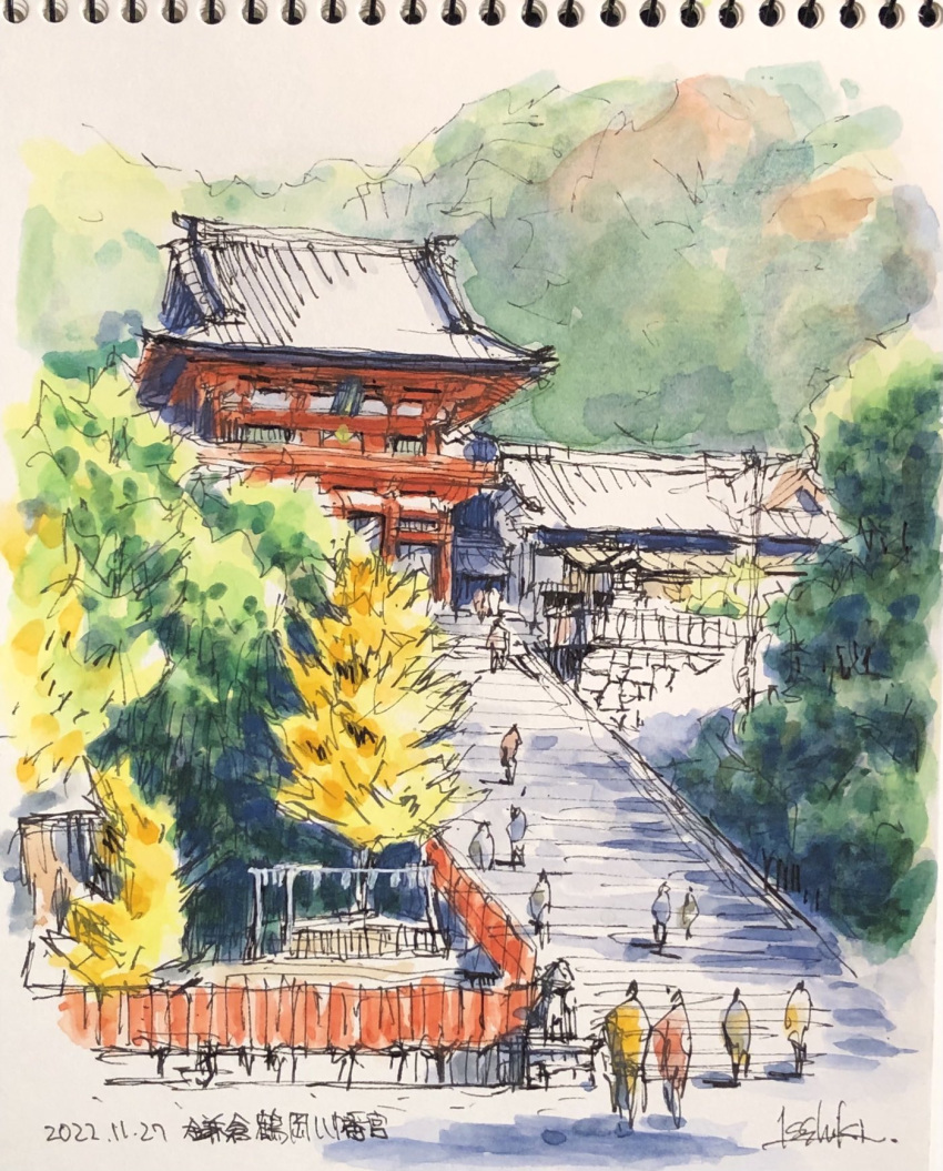 6+others autumn_leaves building highres mountain multiple_others original painting_(medium) scenery shrine sketch stairs temple toirom_pmxh traditional_media tree