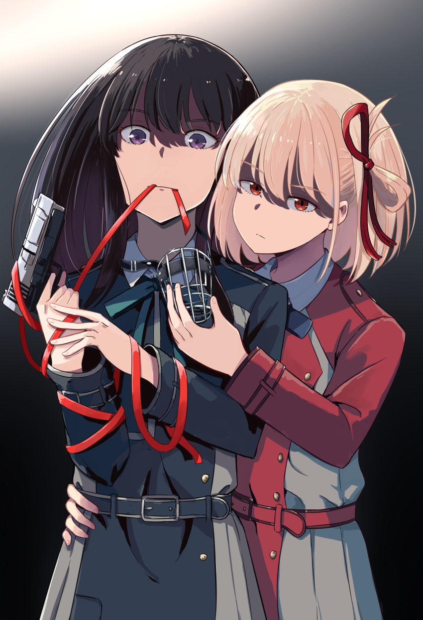 2girls absurdres aqua_ribbon belt black_background black_hair blonde_hair blue_belt blue_dress blue_ribbon chai_haru closed_mouth collared_shirt commentary cowboy_shot dress floating_hair gradient_background grey_dress gun hair_between_eyes hair_ribbon hand_on_another's_hip handgun highres holding holding_gun holding_weapon inoue_takina long_hair long_sleeves looking_at_viewer lycoris_recoil lycoris_uniform mouth_hold multiple_girls muzzle neck_ribbon nishikigi_chisato one_side_up pleated_dress purple_eyes red_belt red_dress red_eyes red_ribbon ribbon ribbon_in_mouth shadow shirt short_hair sidelocks sparkle symbol-only_commentary two-tone_dress weapon white_shirt