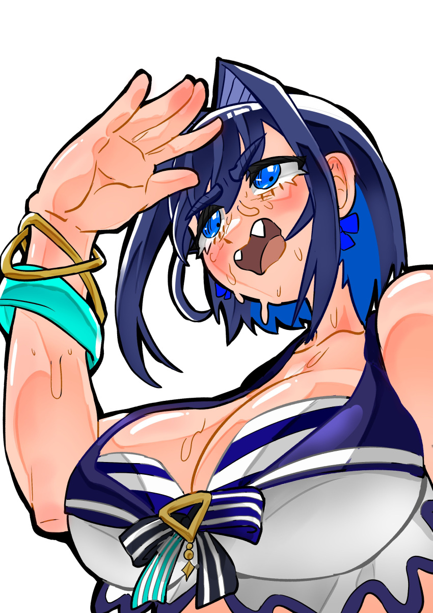 1girl absurdres bikini blue_eyes blue_hair bow bow_earrings bracelet breasts cleavage earrings english_commentary eyelashes fangs from_below frown hair_intakes highres holocouncil hololive hololive_english hot jewelry koizumi_arata large_breasts looking_up multicolored_hair open_mouth ouro_kronii shading_eyes short_hair simple_background summer sweat swimsuit upper_body virtual_youtuber white_background