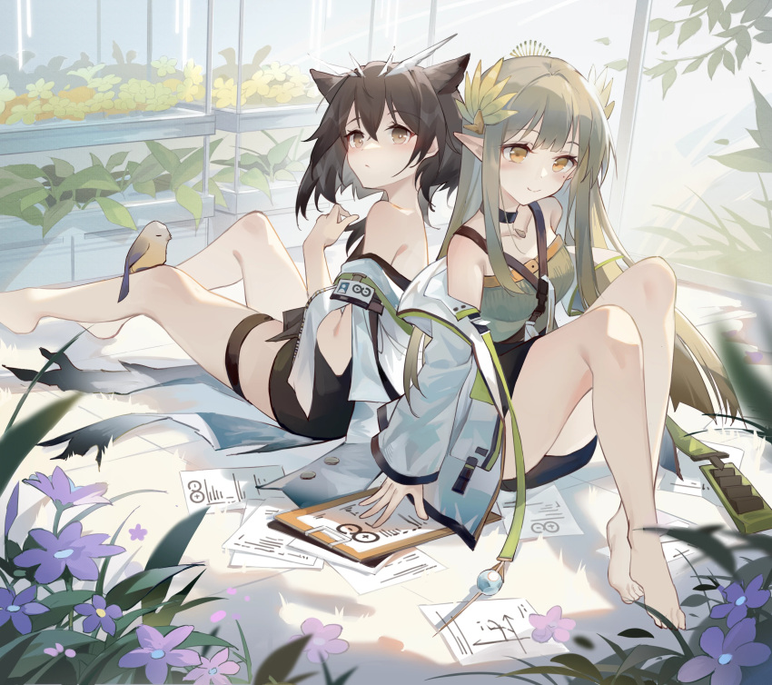 2girls arknights bare_shoulders barefoot bird_on_leg black_skirt brown_hair closed_mouth commentary_request feather_hair flower full_body grey_hair grey_shirt hand_up highres jacket knees_up laurels long_hair long_sleeves looking_at_viewer medium_hair mole mole_under_eye muelsyse_(arknights) multiple_girls notepad off_shoulder on_ground open_clothes open_jacket owl_ears paper plant pointy_ears purple_flower rhine_lab_logo samele_otaku shirt silence_(arknights) silence_the_paradigmatic_(arknights) sitting skirt smile thigh_strap white_jacket yellow_eyes yellow_flower