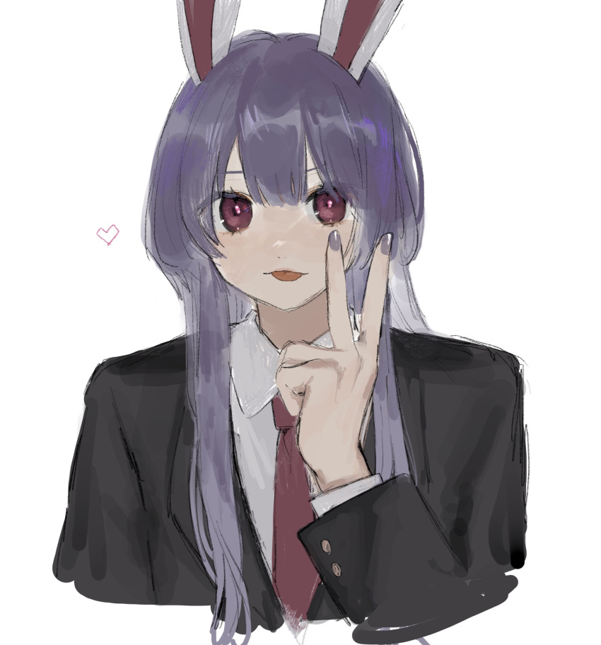 1girl animal_ears black_jacket blazer collared_shirt fingernails gotagotay heart highres jacket long_hair long_sleeves nail_polish necktie purple_hair purple_nails rabbit_ears red_eyes red_necktie reisen_udongein_inaba shirt simple_background solo tongue tongue_out touhou upper_body v white_background white_shirt