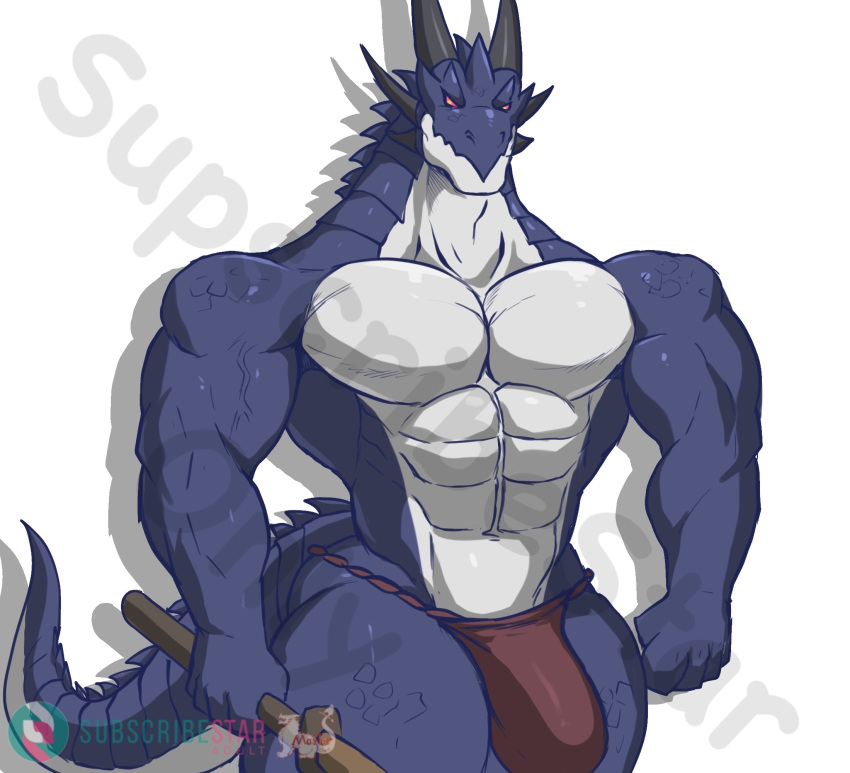 abs anthro blue_body bulge countershade_face countershade_tail countershade_torso countershading dragon hi_res holding_object horn male masterelrest muscular muscular_anthro muscular_male pecs solo tail