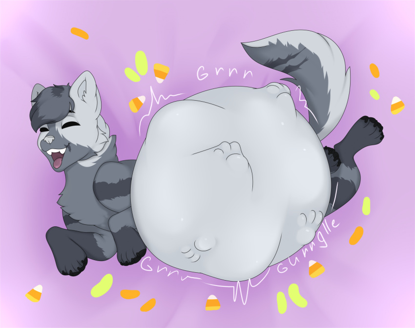 aaanya bow_(bowhuskers) bulge candy candy_corn canid canine canis dessert english_text eyes_closed feral food fur grey_body grey_fur hi_res huge_belly male mammal open_mouth rumbling_stomach smile solo text vore wolf