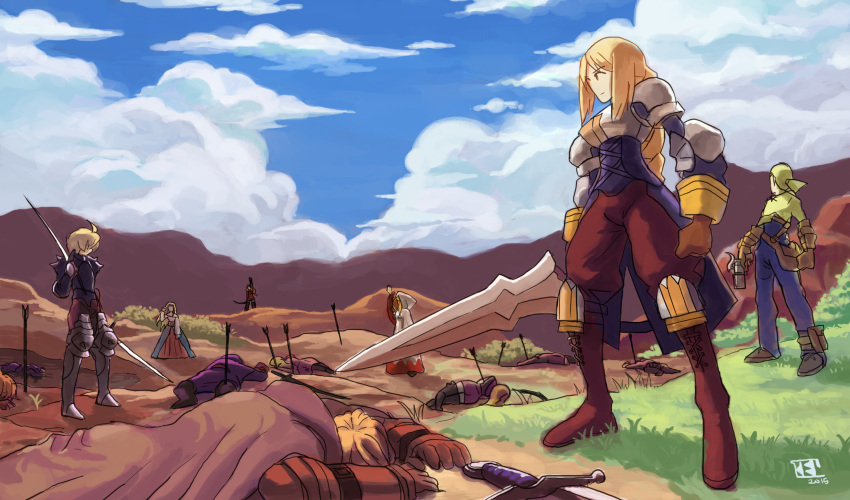 2girls 3girls absurdres after_battle agrias_oaks archer_(fft) armor arrow_(projectile) battle blue_sky cloud death dual_wielding final_fantasy final_fantasy_tactics grass gun highres hill holding kelzero knight_(fft) multiple_boys multiple_girls mustadio_bunansa ramza_beoulve reis_duelar rock shoulder_armor signature sky sword weapon white_mage white_mage_(fft)