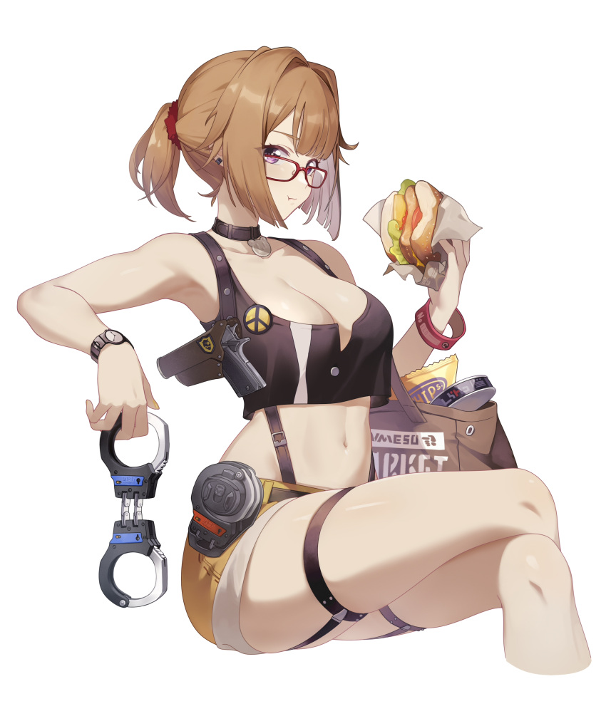 1girl :t absurdres bag bare_arms bare_legs bare_shoulders black_tank_top breasts brown_hair burger cleavage commentary_request commission crop_top cuffs feet_out_of_frame food girls'_frontline glasses grizzly_mkv_(girls'_frontline) gun hand_up handcuffs handgun highres holding holding_food holding_handcuffs large_breasts looking_at_viewer midriff navel no.1_machine ponytail purple_eyes red-framed_eyewear second-party_source short_hair short_shorts shorts simple_background sitting solo stomach tank_top thigh_strap thighs watch weapon white_background wristwatch yellow_shorts