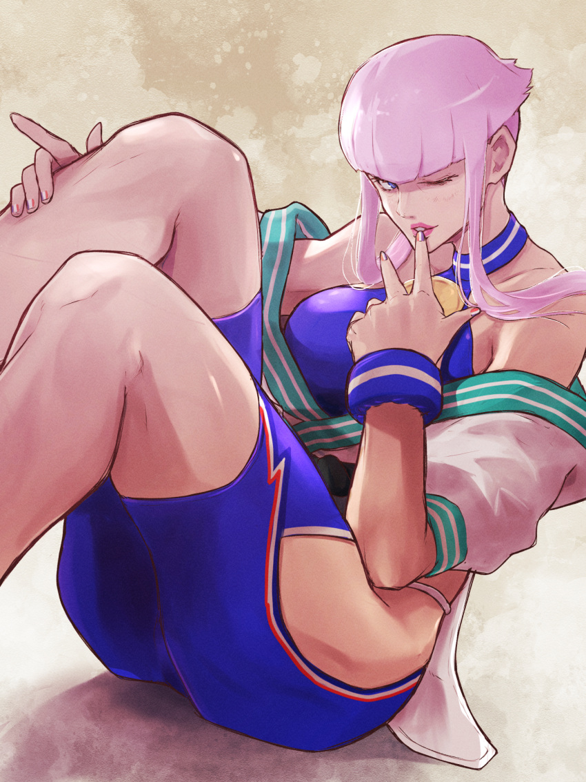 1girl blue_eyes breasts commentary_request dougi flipped_hair french_flag_print halterneck hand_on_own_leg highres hip_vent manon_legrand medallion off_shoulder one_eye_closed panty_straps pink_hair short_hair_with_long_locks sitting solo spandex street_fighter street_fighter_6 wristband yuenibushi