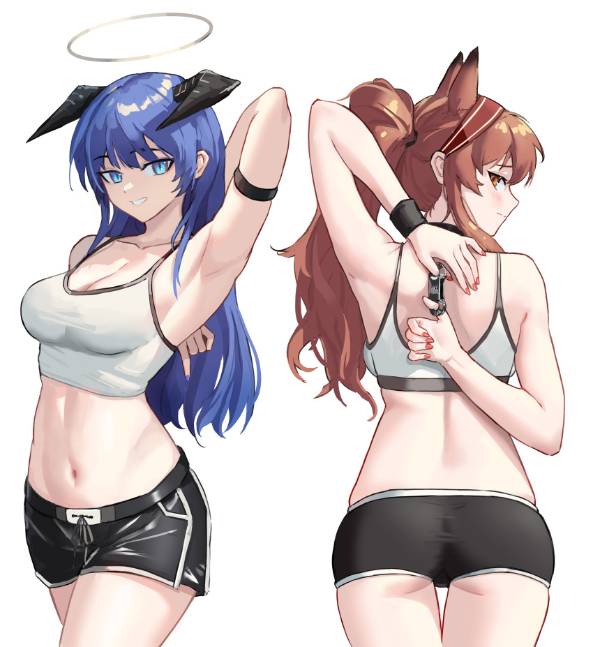 2girls absurdres angelina_(arknights) animal_ears arknights arm_behind_back arm_strap armpits arms_behind_back black_shorts blue_eyes blue_hair bound_thumbs breasts brown_eyes brown_hair cleavage commission cowboy_shot crop_top demon_horns fox_ears fox_girl highres horns large_breasts long_hair looking_at_viewer mostima_(arknights) multiple_girls no_tail no_wings second-party_source short_shorts shortofsugar shorts smile tank_top thighs twintails white_tank_top