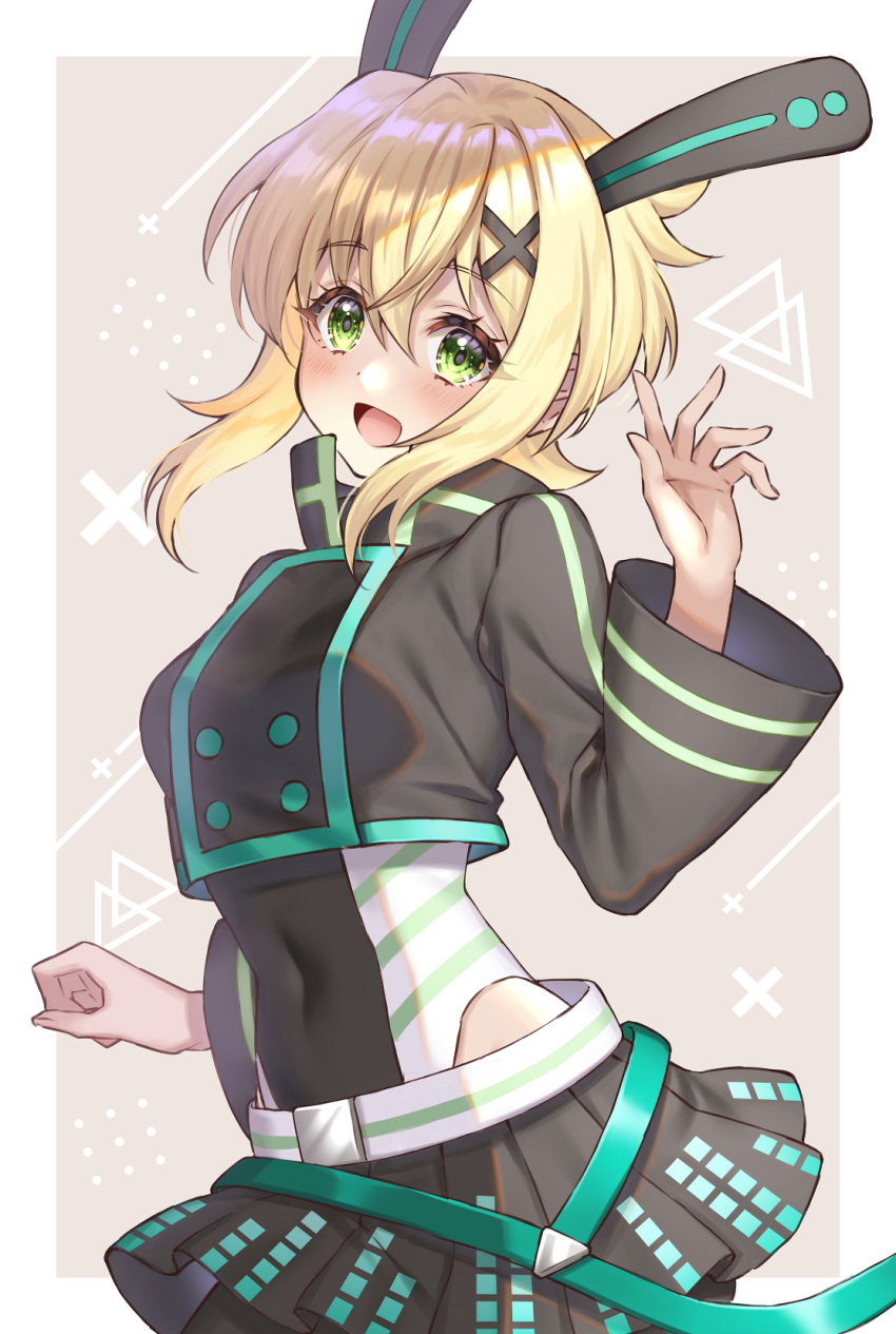 1girl :d akatsuki_kirika black_jacket black_skirt blonde_hair blush commentary_request eyelashes green_eyes hair_ornament hairclip happy highres jacket looking_at_viewer open_mouth senki_zesshou_symphogear short_hair skirt smile solo standing yuuheisyoujyo