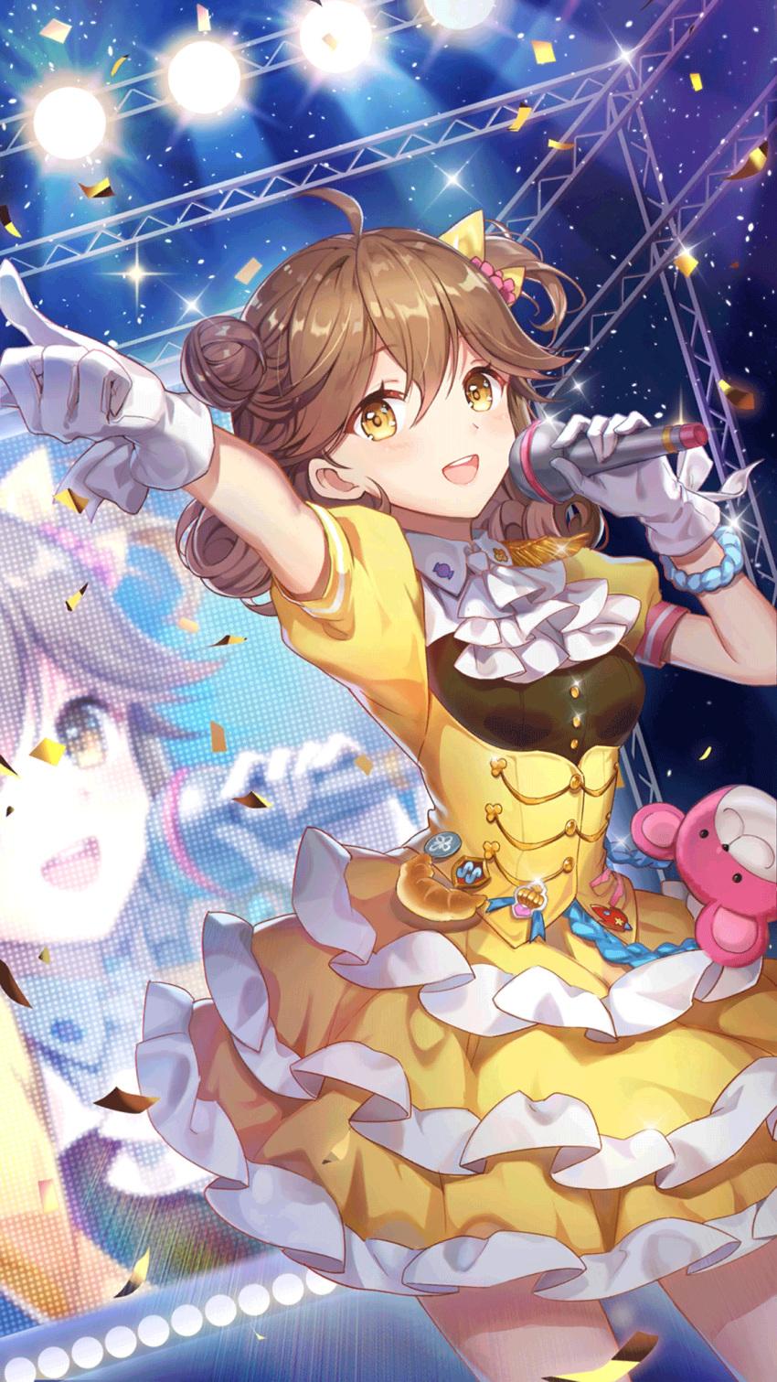 1girl :d ahoge blush bow bracelet breasts brown_hair concert confetti cowboy_shot dress dutch_angle frilled_dress frills girl_cafe_gun gloves hair_between_eyes hair_bow hair_bun hands_up highres holding holding_microphone idol idol_clothes jewelry looking_to_the_side medium_hair microphone music official_art one_side_up outstretched_arm puffy_short_sleeves puffy_sleeves screen screen_zoom short_dress short_sleeves singing single_side_bun small_breasts smile solo stage stage_lights su_xiaozhen teeth truss upper_teeth_only white_gloves white_jabot yellow_bow yellow_dress yellow_eyes