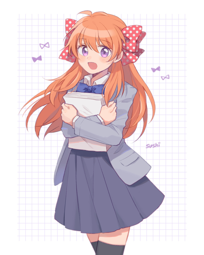 1girl :d black_thighhighs blue_bow blush bow collared_shirt cowboy_shot gekkan_shoujo_nozaki-kun grey_jacket grey_skirt hair_between_eyes hair_bow highres holding holding_paper jacket long_hair long_sleeves looking_at_viewer open_mouth orange_hair paper paper_stack pleated_skirt polka_dot polka_dot_bow purple_eyes rouman_academy_school_uniform sakura_chiyo school_uniform shirt skirt smile solo standing sushitarou thighhighs white_background white_shirt