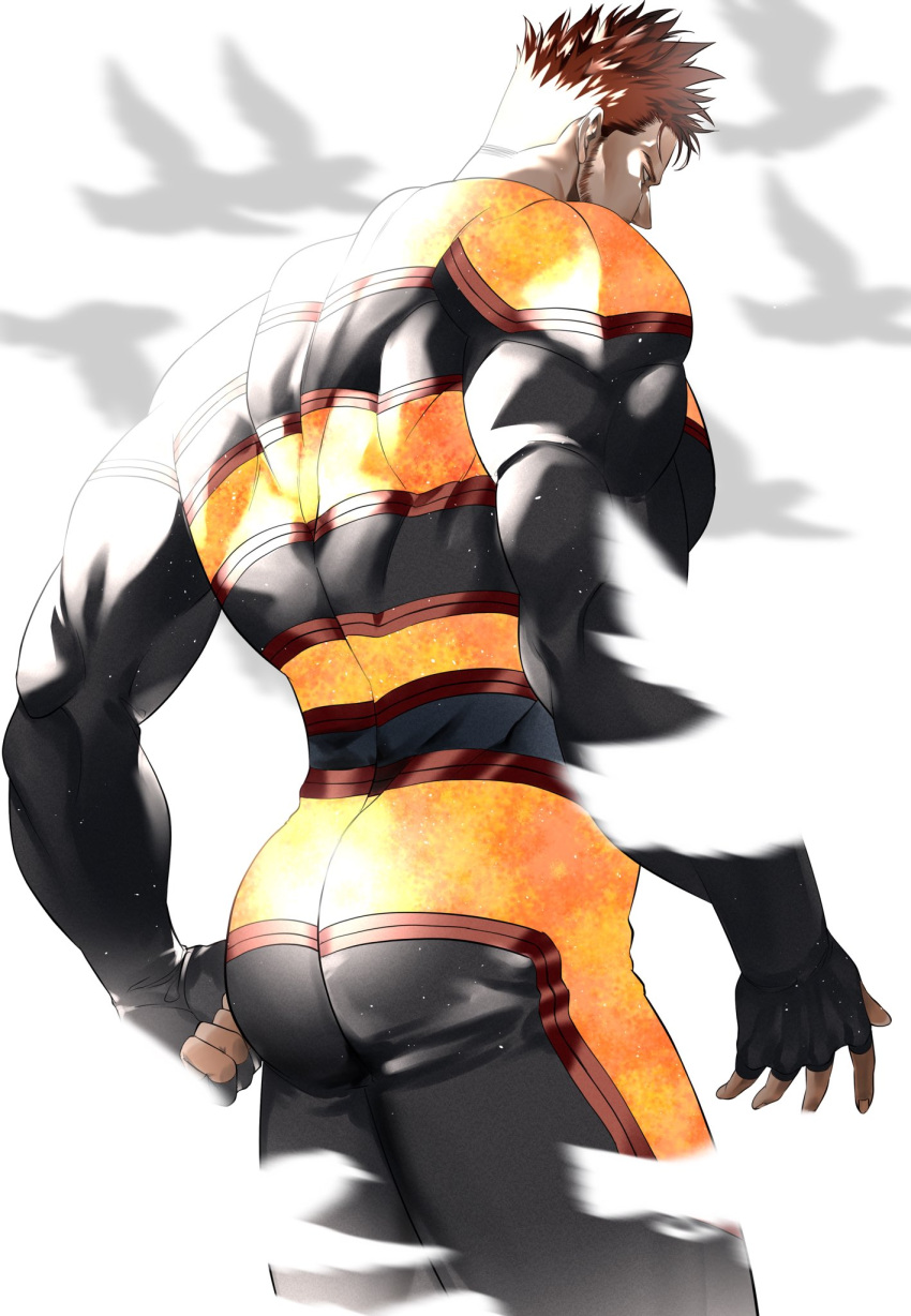 1boy ass ass_focus bara beard beard_stubble blue_bodysuit bodysuit boku_no_hero_academia endeavor_(boku_no_hero_academia) facial_hair facing_away feet_out_of_frame from_below fujimono highres large_pectorals male_focus mature_male muscular muscular_male orange_bodysuit pectorals scar scar_across_eye short_hair skin_tight solo spiked_hair steam stubble thick_eyebrows two-tone_bodysuit v-taper