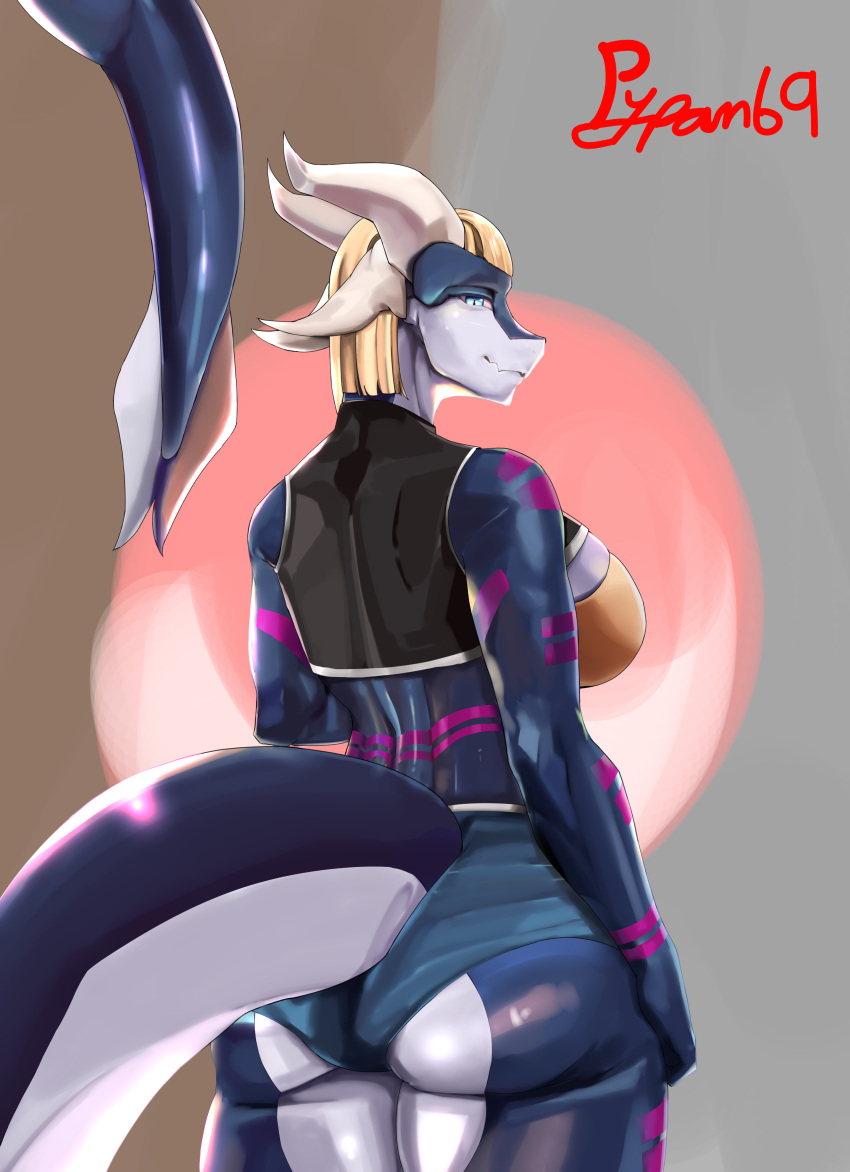 absurd_res anthro big_breasts big_butt black_body blonde_hair blue_body blue_eyes bottomwear bra breasts butt clothed clothing crop_top digital_media_(artwork) dragon female hair hi_res horn looking_at_viewer pants pypan shirt simple_background smile solo tail topwear underwear white_horn