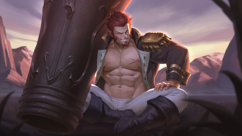 1boy abs absurdres bara bare_pectorals blue_eyes boots brown_hair cannon commission cross_scar crossed_legs epaulettes facial_hair fate/grand_order fate_(series) fringe_trim full_body goatee grin highres huge_weapon jacket large_pectorals long_sideburns long_sleeves looking_at_viewer male_focus military military_uniform mountain muscular muscular_male napoleon_bonaparte_(fate) nat_vitchayed navel nipples open_clothes open_jacket open_shirt pants pectorals scar scar_on_chest short_hair sideburns smile solo sunrise thick_thighs thighs tight_clothes uniform weapon white_pants