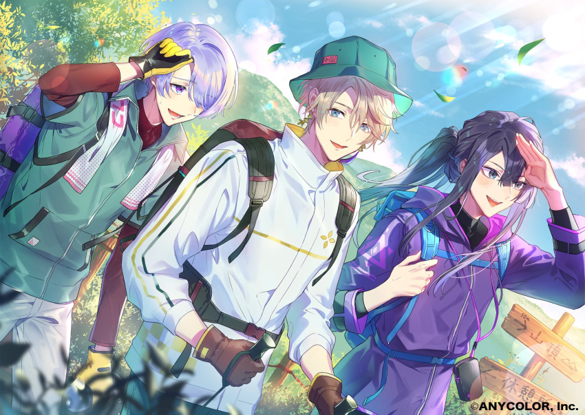 3boys :d ;d alternate_costume backpack bag belt belt_pouch bikkusama black_belt black_gloves black_hair black_shirt blonde_hair blue_eyes bottle brown_gloves brown_shirt bucket_hat cloud copyright cowboy_shot day dutch_angle earrings genzuki_toujirou gloves green_headwear green_jacket hair_between_eyes hair_over_one_eye hand_up hat highres hiking hiking_pole holding holding_bottle hood hood_down hooded_jacket jacket jewelry kaida_haru lanyard layered_sleeves lens_flare light_blush long_hair long_sleeves looking_ahead looking_at_another looking_back male_focus mismatched_earrings mountain multiple_boys nagao_kei nijisanji official_art one_eye_closed outdoors pants plant ponytail pouch purple_eyes purple_hair purple_jacket shirt short_hair short_over_long_sleeves short_sleeves signpost smile sunlight sweat swept_bangs tassel tassel_earrings teeth towel towel_around_neck tree turtleneck two-tone_gloves upper_body valz virtual_youtuber water_bottle white_jacket white_pants wiping_forehead wiping_sweat yellow_gloves