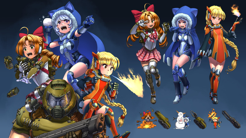 1boy 3girls ;d ahoge anger_vein armor assault_visor black_background blonde_hair blue_background blue_cape blue_hair bow braid breathing_fire brown_eyes cape chibi commentary crown_braid cyborg doom_(series) doom_eternal doomguy dress drill_hair english_commentary explosion explosive female_child fire fur-trimmed_hood fur_trim gradient_background green_eyes grenade gun hair_bow helmet highres holding holding_grenade holding_gun holding_weapon hood hood_up hooded_cape light_blue_hair long_hair mecha_musume mechanical_arms mechanical_legs multiple_girls multiple_views one_eye_closed open_mouth personification plaid plaid_skirt pleated_skirt pointing praetor_suit purple_eyes rebreather red_bow sharp_teeth shirt simple_background single_braid sitting_on_shoulder skirt smile snowball snowman substance20 teeth very_long_hair w w_over_eye weapon white_shirt