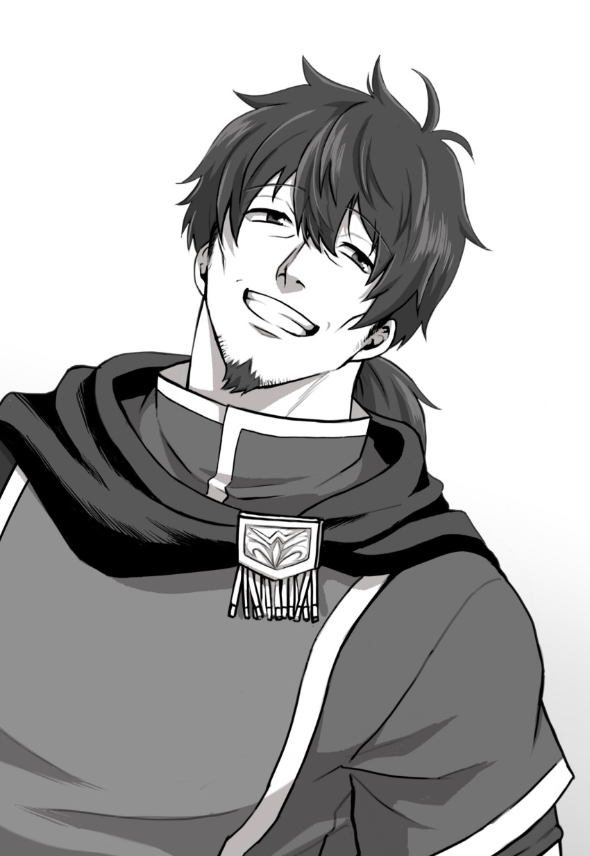 1boy bags_under_eyes cape cheekbones dutch_angle fate/grand_order fate_(series) goatee_stubble greyscale grin hair_between_eyes half-closed_eyes haruto_(hit23ewluvnpfo6) hector_(fate) highres long_hair male_focus messy_hair monochrome ponytail sideburns smile solo sparse_stubble upper_body