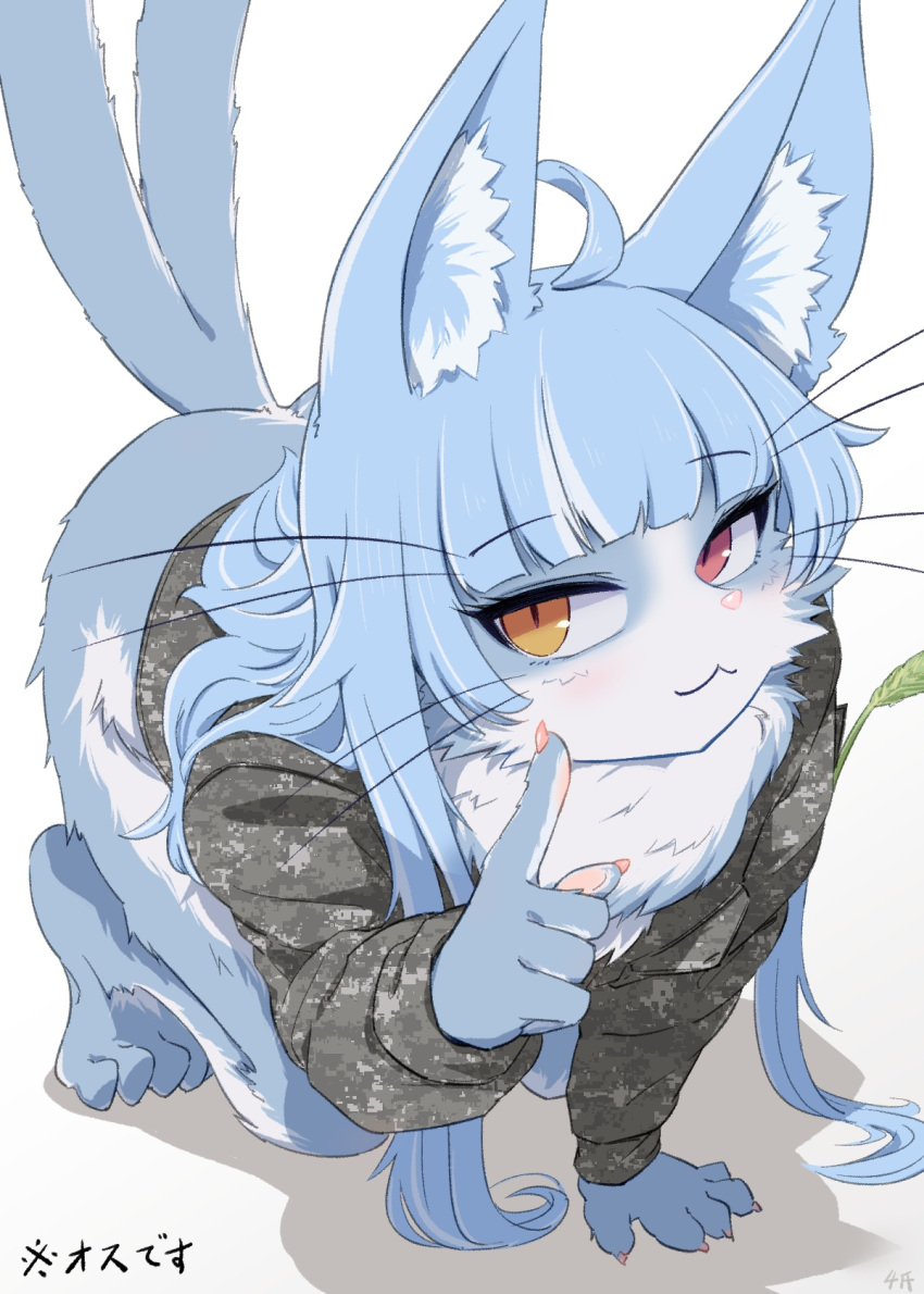 2023 4shi_(artist) 5_fingers 5_toes ahoge all_fours anthro barefoot blue_body blue_fur blue_hair blush bottomless bottomless_anthro bottomless_male camo camo_clothing camo_print claws clothed clothing countershading digital_media_(artwork) domestic_cat feet felid feline felis finger_claws fingers fluffy forked_tail fur girly hair heterochromia hi_res jacket japan_air_self-defense_force japanese_text kemono long_hair looking_at_viewer male male_anthro mammal multicolored_body multicolored_fur neck_tuft omaneko_(jasdf) pattern_clothing pink_nose pupils red_eyes slit_pupils solo tail text toes topwear translation_request tuft two_tone_body two_tone_fur unusual_anatomy unusual_tail whiskers white_body white_fur yellow_eyes