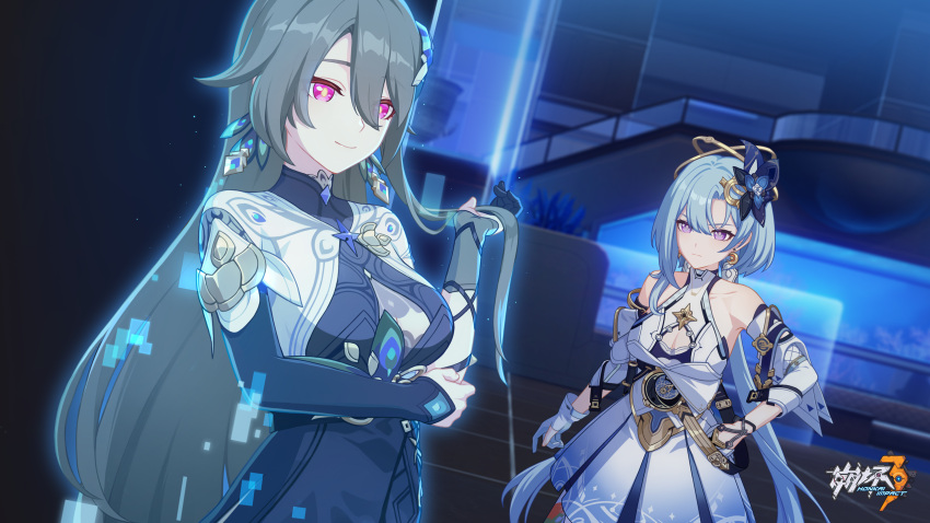 2girls bare_shoulders blue_hair breasts chinese_commentary cleavage_cutout closed_mouth clothing_cutout detached_sleeves dress earrings gloves griseo griseo_(cosmic_expression) hair_between_eyes hand_on_own_hip highres honkai_(series) honkai_impact_3rd indoors jewelry large_breasts light_blue_hair logo long_hair multiple_girls official_art official_wallpaper peacock_feathers purple_eyes red_eyes smile twintails upper_body v-shaped_eyebrows very_long_hair vita_(honkai_impact) white_dress white_gloves white_sleeves yellow_pupils