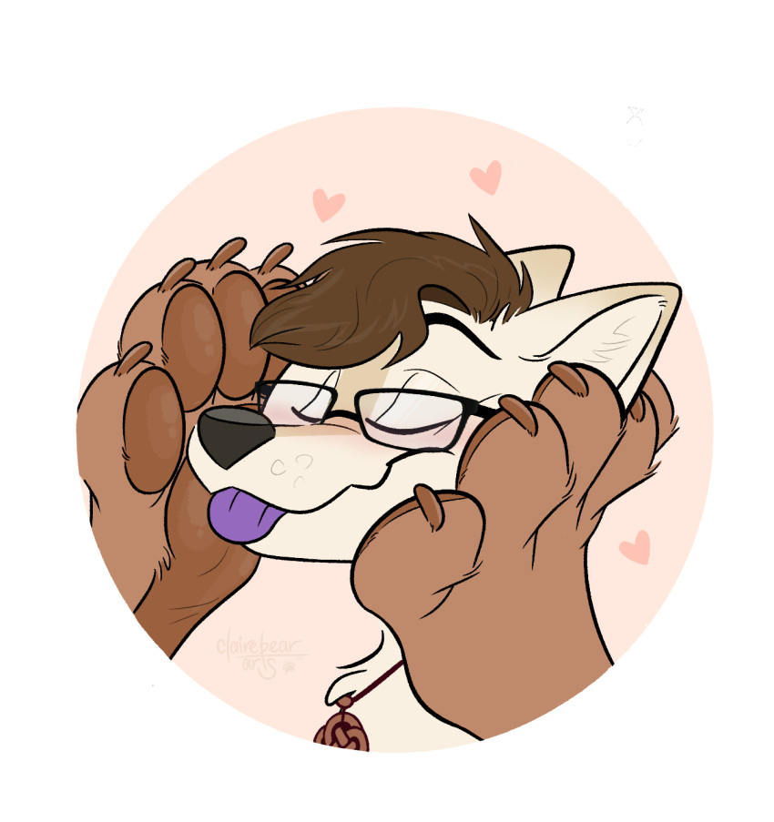 &lt;3 anthro bear blep blush canid canine canis clairebear claws duo eyewear feet female fluster foot_fetish foot_on_face glasses hi_res jewelry male male/female mammal necklace pawpads paws sabbyth smothering strawbear toes tongue tongue_out wolf