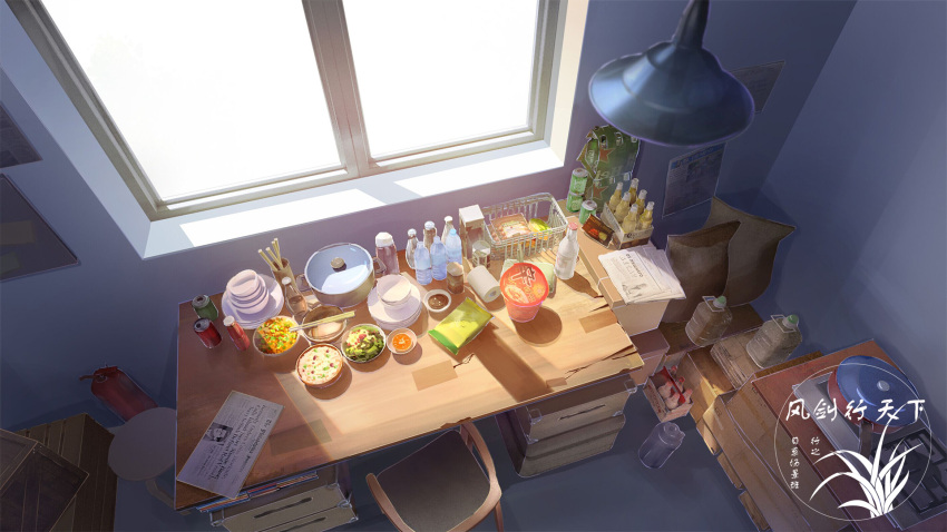 artist_logo bottle bowl can ceiling_light chair chopsticks cooking_pot crate food frying_pan highres indoors instant_ramen newspaper no_humans original plate sack saucer soda_can stool table window xingzhi_lv
