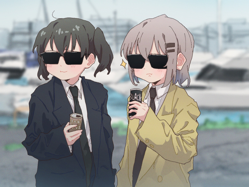 2girls alternate_costume black_hair black_necktie black_suit blazer blurry blurry_background blush boat brown_suit can canned_coffee closed_mouth collared_shirt commentary_request covered_eyes day english_text formal grey_hair hair_ornament hairclip hand_in_pocket hand_up holding holding_can jacket jaggy_lines kuraue_hinata long_sleeves multiple_girls necktie outdoors pan_(ryu) pout shirt short_hair short_twintails sparkle suit sunglasses sweatdrop translation_request twintails upper_body watercraft white_shirt yama_no_susume yukimura_aoi