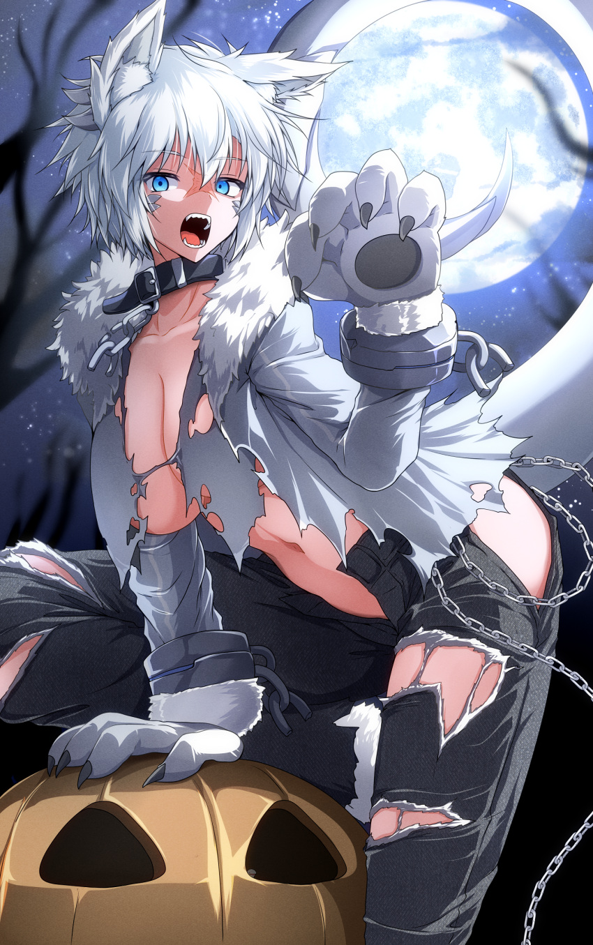 1girl absurdres animal_ears animal_hands bare_tree black_collar blue_eyes breasts chain claws cleavage collar collarbone commentary_request denim dragon_girl dragon_horns dragon_tail full_moon fur-trimmed_jacket fur_trim g_(genesis1556) gloves grey_jacket hair_between_eyes halloween halloween_costume highres horns jack-o'-lantern jacket jeans kemonomimi_mode large_breasts looking_at_viewer monster_girl moon navel night open_clothes open_fly open_jacket open_mouth original outdoors pants paw_gloves scales scar scar_on_face scar_on_nose short_hair sidelocks sky solo star_(sky) starry_sky stomach tail teeth torn_clothes torn_jacket torn_jeans torn_pants tree tsubasa_ryuuji wolf_ears