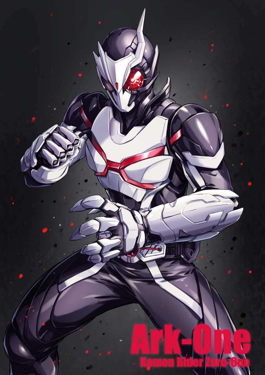 1boy absurdres antennae ark_driver armor asymmetrical_horns belt black_bodysuit bodysuit broken_helmet character_name chinese_commentary commentary_request cropped_legs energy fish.boy gauntlets glowing glowing_eye highres horns kamen_rider kamen_rider_01_(series) kamen_rider_ark-one male_focus mask red_eyes reiwa rider_belt sample_watermark shoulder_pads solo tokusatsu white_armor