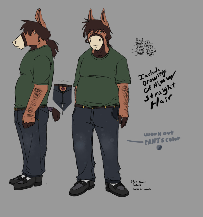 allyuzer_(artist) anthro arm_hair body_hair chubby_male clothing equid equine father green_clothing green_shirt green_topwear hi_res horse loafers male mammal mature_male parent shirt slightly_chubby solo topwear