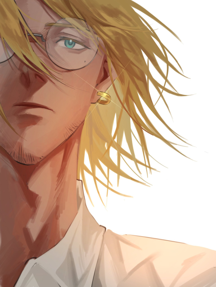 1boy blonde_hair blue_eyes closed_mouth collared_shirt earrings facial_hair glasses guiwansang1 hair_over_one_eye highres jewelry looking_at_viewer male_focus mole mole_under_eye portrait round_eyewear shirt simple_background single_earring solo trigun vash_the_stampede white_background white_shirt