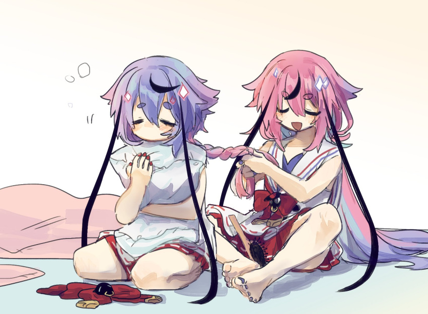2girls bare_arms bare_legs blue_eyes blue_hair blue_nails bow bowtie bowtie_removed braid closed_eyes collared_shirt commentary gradient_hair gynoid_talk hair_brush hair_flaps highres hikimayu holding holding_pillow ishitsuki_(_0101_831) long_hair low_twintails meika_hime meika_mikoto multicolored_hair multiple_girls nail_polish object_hug open_mouth pillow pillow_hug pink_eyes pink_hair red_nails red_shorts sailor_collar seiza shirt shorts sitting smile toenail_polish toenails twintails two-tone_hair tying_another's_hair vocaloid white_sailor_collar white_shirt