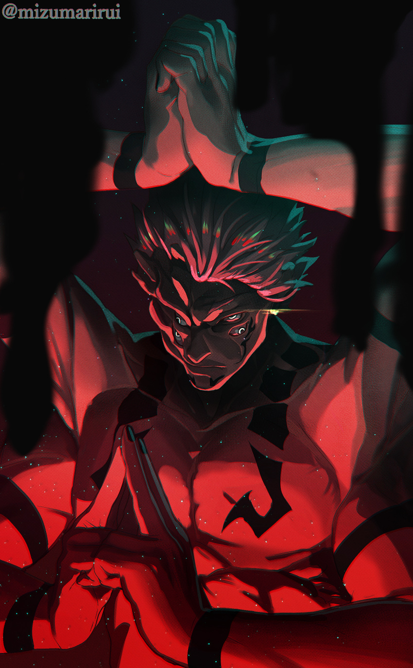 1boy absurdres black_nails body_markings extra_arms extra_eyes hand_gesture highres jujutsu_kaisen red_theme ryoumen_sukuna_(jujutsu_kaisen) shuijulei solo tattoo upper_body